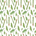 Watercolor seamless pattern vegeterian healthy food. Hand painted vegetable Asparagus and spinach leaves