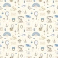 Watercolor seamless pattern vintage beauty accessories on paper background Royalty Free Stock Photo