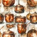 Watercolor seamless pattern with vintage copper pots and pans on a light background Royalty Free Stock Photo
