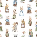 Watercolor seamless pattern with vintage cute animals in clothes