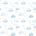 Watercolor seamless pattern with vintage cute fairy tale cartoon clouds and blue flags and yellow stars with watercolor Royalty Free Stock Photo