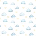 Watercolor seamless pattern with vintage cute fairy tale cartoon clouds and blue and yellow stars with watercolor Royalty Free Stock Photo
