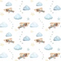 Watercolor seamless pattern with vintage cute fairy tale cartoon clouds, retro plane and blue flags and yellow stars Royalty Free Stock Photo