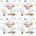 Watercolor seamless pattern with vintage cute fairy tale cartoon clouds, retro plane, hot air baloon, aerostat and blue