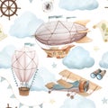 Watercolor seamless pattern with vintage cute fairy tale cartoon clouds, retro plane, hot air baloon, aerostat and blue