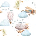 Watercolor seamless pattern with vintage cute fairy tale cartoon clouds, retro plane, hot air baloon, aerostat and blue