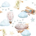 Watercolor seamless pattern with vintage cute fairy tale cartoon clouds, retro plane, hot air baloon, aerostat and blue