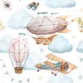 Watercolor seamless pattern with vintage cute fairy tale cartoon clouds, retro plane, hot air baloon, aerostat and blue