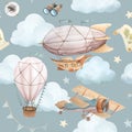 Watercolor seamless pattern with vintage cute fairy tale cartoon clouds, retro plane, hot air baloon, aerostat and blue