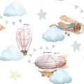 Watercolor seamless pattern with vintage cute fairy tale cartoon clouds, retro plane, hot air baloon, aerostat and blue