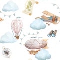 Watercolor seamless pattern with vintage cute fairy tale cartoon clouds, retro plane, hot air baloon, aerostat and blue