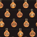 Watercolor seamless pattern with vintage edison lamps Royalty Free Stock Photo