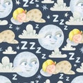 Watercolor sleeping baby, smiling retro moon and clouds seamless pattern on dark background