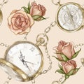 Watercolor seamless pattern with vintage gold pocket watch, compass, chains and roses on a beige background. Royalty Free Stock Photo