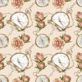 Watercolor seamless pattern with vintage gold pocket watch, compass, chains and roses on a beige background. Royalty Free Stock Photo