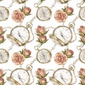 Watercolor seamless pattern with vintage gold pocket watch, compass, chains and roses on a white background. Royalty Free Stock Photo