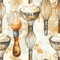 Watercolor seamless pattern with vintage kitchen whisks and whipped cream Royalty Free Stock Photo