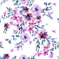 Watercolor Seamless Pattern of Vintage lilac Turquoise Flowers, Wildflowers. Natural Pink Floral Texture on White Background Royalty Free Stock Photo