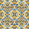 Watercolor seamless pattern vintage luxury yellow and blue Portuguese traditional azulejo pattern. Moroccan style tiles and Royalty Free Stock Photo