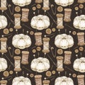 Watercolor seamless pattern with vintage needle bed and spools of thread isolated on dark. Needlework collection Royalty Free Stock Photo