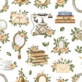 Watercolor seamless pattern vintage objects and flowers on paper background Royalty Free Stock Photo