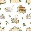 Watercolor seamless pattern vintage objects and flowers Royalty Free Stock Photo