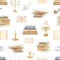 Watercolor seamless pattern with vintage set of books and library objects Royalty Free Stock Photo