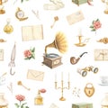 Watercolor seamless pattern with vintage set of objects