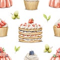 Watercolor seamless pattern with vintage set of sweet dessert, cupcakes, cake and jelly