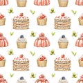 Watercolor seamless pattern with vintage set of sweet dessert, cupcakes, cake and jelly