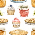 Watercolor seamless pattern with vintage set of sweet dessert, cupcakes, pies and jams