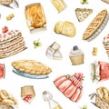 Watercolor seamless pattern with vintage set of sweet dessert, cupcakes, pies and jams