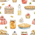 Watercolor seamless pattern with vintage set of sweet dessert, cupcakes, pies and jams