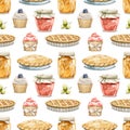 Watercolor seamless pattern with vintage set of sweet dessert, cupcakes, pies and jams