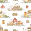 Watercolor seamless pattern with vintage set of sweet dessert on picnic plaid Royalty Free Stock Photo