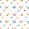 Watercolor Seamless Pattern With Vintage Set Of Various Colored Butterflies