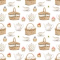 Watercolor seamless pattern with vintage set of white dishes, wicker baskets and cupcakes