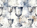 Watercolor seamless pattern with vintage silver goblets on a painterly background Royalty Free Stock Photo