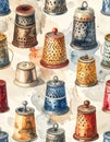 Watercolor Seamless Pattern of Vintage Thimbles Royalty Free Stock Photo
