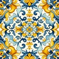 Watercolor seamless pattern vintage yellow and blue Portuguese traditional azulejo pattern. Moroccan style tiles and elements. Royalty Free Stock Photo