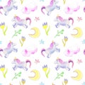 Unicorns, moon, flowers pattern