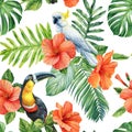Watercolor seamless pattern, wallpaper tropical green palm leaves, hibiscus paradise flowers, birds parrot and toucan Royalty Free Stock Photo