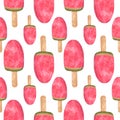 Watercolor Seamless Pattern with Watermelon Ice Cream. Watermelon ice cream on a stick. Watermelon ice on a stick. Royalty Free Stock Photo