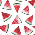 Watercolor seamless pattern of watermelon slices.