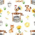 Watercolor seamless pattern with well, bucket, cat, dog, rooster, sunflower