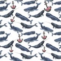 Watercolor seamless pattern with whales and anchor with peony flowers. Illustration with blue whales, cachalot and narwhal isolate Royalty Free Stock Photo