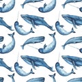 Watercolor seamless pattern with whales, jellyfish, sperm whale, narwhal.