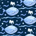 Watercolor seamless pattern with whales, pearls and waves on navy blue