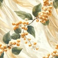 Watercolor seamless pattern with white berries and green leaves on a light background, botanical illustration, autumn harvest, Royalty Free Stock Photo