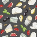 Watercolor seamless pattern with white cheese on dark